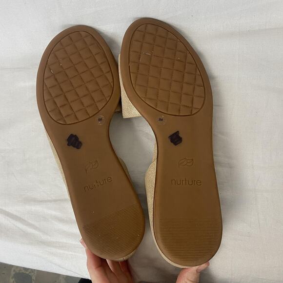 Nurture Shoes Womens 8 Gold Metallic Leather D'Orsay Peep Toe Flats PEYT Glam - Picture 10 of 14